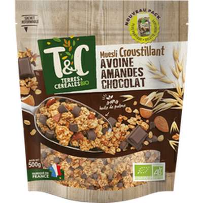 Muesli croustillant Avoine Amande Chocolat BIO, Terres et céréales (500 g)
