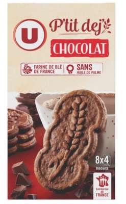 Biscuits p'tit déjeuner tout chocolat, U (400 g)