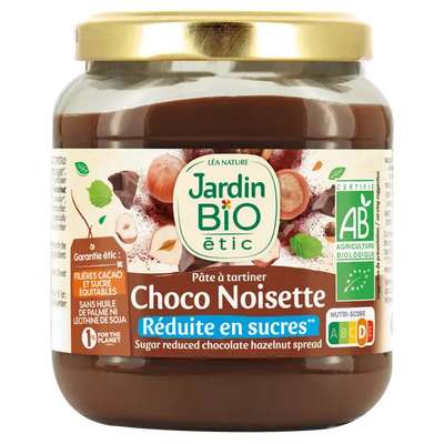 Pâte à tartiner chocolat noisettes réduite en sucres BIO, Jardin Bio (350 g)