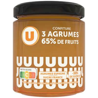 Confiture 3 agrumes 65% de fruits, U (320 g)