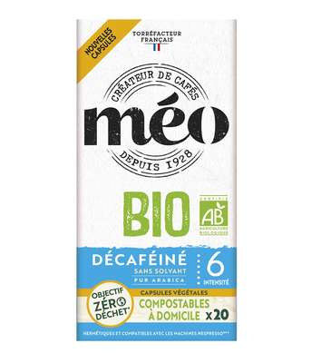 Café capsules décaffeiné compostable à domicile compatible Nespresso BIO, Méo (x 20)