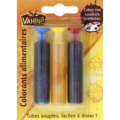 Colorants alimentaires bleu jaune et rouge, Vahiné (3 x 6 ml)