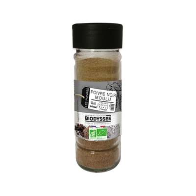 Poivre noir moulu, flacon en verre BIO, Biodyssée (40 g)