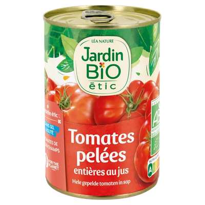 Tomates pelées entières au jus sans sel ajouté BIO, Jardin Bio (240 g)