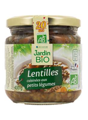 Lentilles cuisinées aux petits légumes BIO, Jardin Bio (400 g)