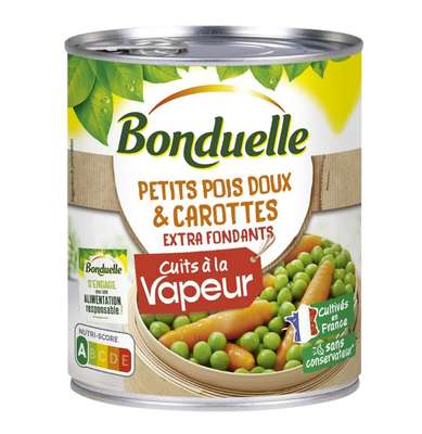 Petits pois doux et carottes cuisson vapeur, Bonduelle (530 g)