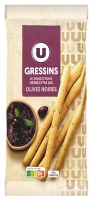 Gressins huile d'olive vierge extra et olives noires, U (125 g)