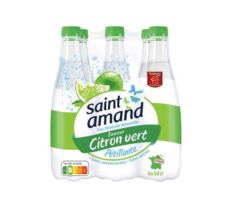 Pack d'eau minérale gazeuse aromatisée au citron vert, Saint Amand (6 x 50 cl)