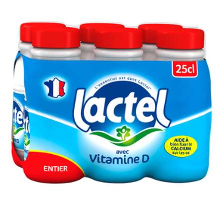 Pack de lait entier uht avec vitamine D, Lactel (6 x 25 cl)
