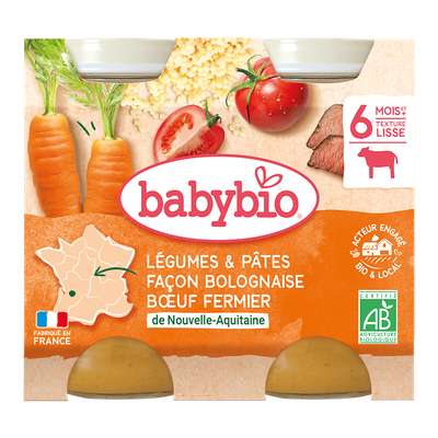 Petit pot légumes, pâtes façon bolognaise, boeuf fermier BIO - dès 6 mois, Babybio (2 x 200 g)