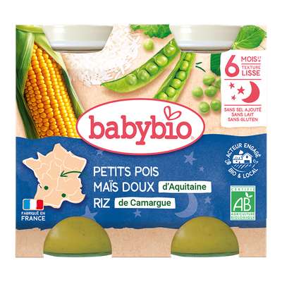 Petit pot bonne nuit petit pois, maïs, riz BIO - dès 6 mois, Babybio (2 x 200 g)