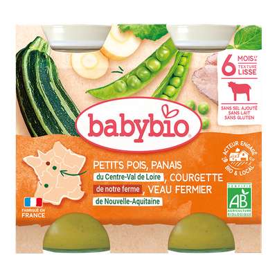 Petit pot petits pois, panais, courgette, veau fermier BIO - dès 6 mois, Babybio (2 x 200 g)