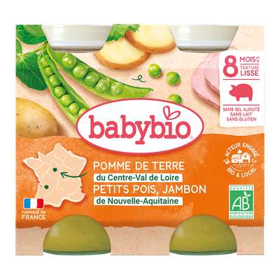 Petit pot menu pomme de terre, petits pois et jambon BIO - dès 8 mois, Babybio (2 x 200 g)