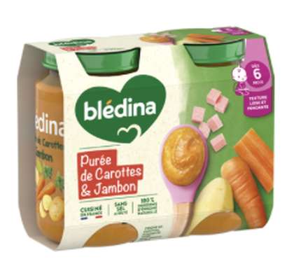 Pot salés de purée carottes jambon - dès 6 mois, Blédina (2 x 200 g)
