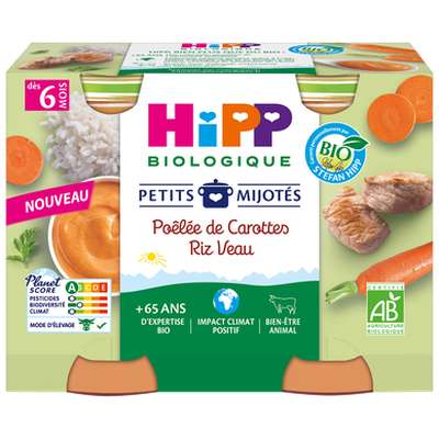 Petits pots poêlée de carottes riz veau - dès 6 mois, Hipp (2 x 190 g)
