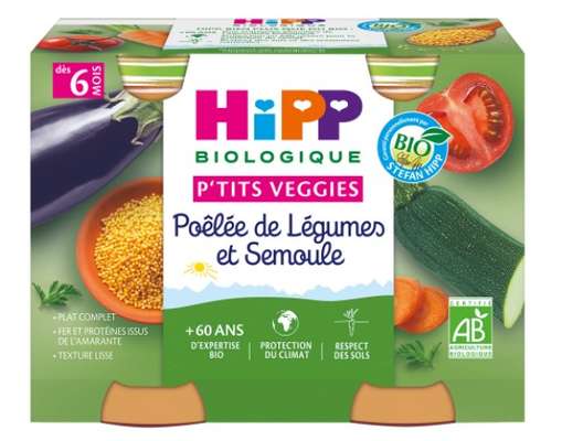 Petit pot bio pour bébé poêlée de légumes et semoule BIO - dès 6 mois, Hipp  (2 x 190 g)