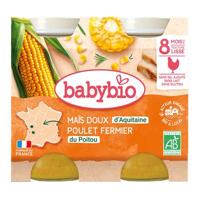 Petit pot maïs doux, poulet fermier du Poitou BIO - dès 8 mois, Babybio (2 x 200 g)