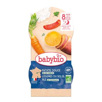 Bols bonne nuit patate douce de France légumes du soleil & riz de Camargue BIO - dès 8 mois, Babybio (2 x 200 g)