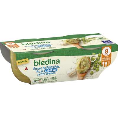 Bols écrasé de petits pois riz cabillaud petits oignons - dès 8 mois, Blédina (x 2, 200 g)