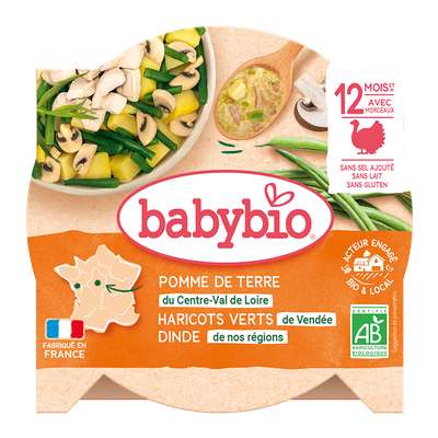 Assiette menu pomme de terre haricots verts et dinde à l'estragon BIO - dès 12 mois, Babybio (230 g)