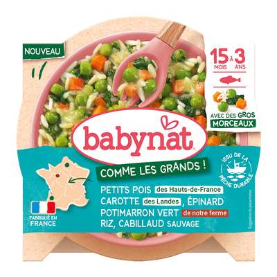 Assiette menu petits pois, carottes épinard, potimarron et riz cabillaud BIO - dès 15 mois, Babynat (230 g)