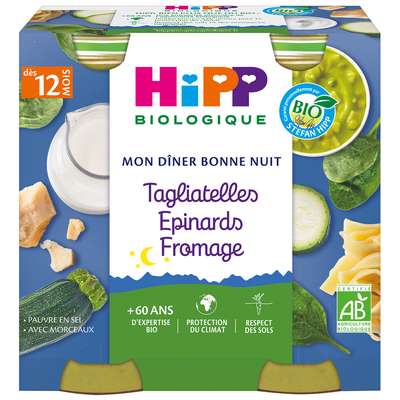 Mon diner bonne nuit tagliatelles épinards fromage BIO - dès 12 mois, Hipp (2 x 190 g)