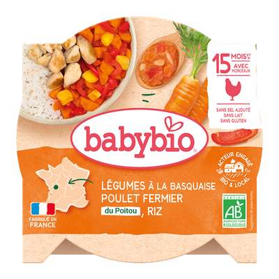Assiette menu légumes à la basquaise & poulet fermier au paprika BIO - dès 15 mois, Babybio (260 g)