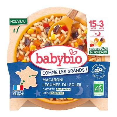 Assiette menu bonne nuit macaroni, légumes du soleil, carottes et Maïs BIO - dès 15 mois, Babybio (260 g)