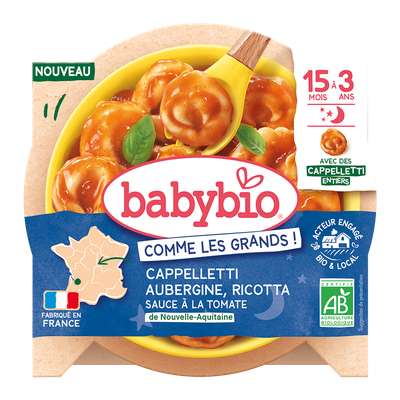 Assiette menu bonne nuit cappelletti aubergine et Ricotta BIO - dès 15 mois, Babybio (190 g)