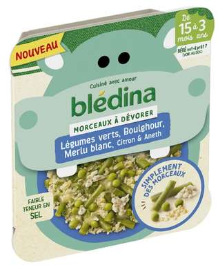 Petit plat morceaux légumes verts, Boulghour, Merlu blanc, citron et aneth - de 15 mois à 3 ans, Blédina (200 g)