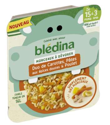 Petit plat aux morceaux de carottes et pâtes aux épices douces et poulet dès 15 mois, Blédina (200 g)