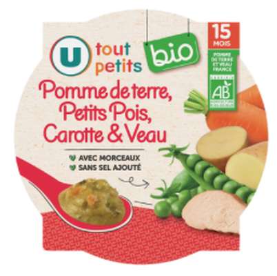 Assiette de petits pois et veau BIO - dès 15 mois, U Tout Petits (250 g)