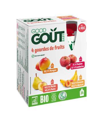 Mix gourdes variety fruits BIO : Mangue / Pomme-framboise / Pêche-poire / Banane-abricot  - dès 4 mois, Good Goût (4 x 120 g)