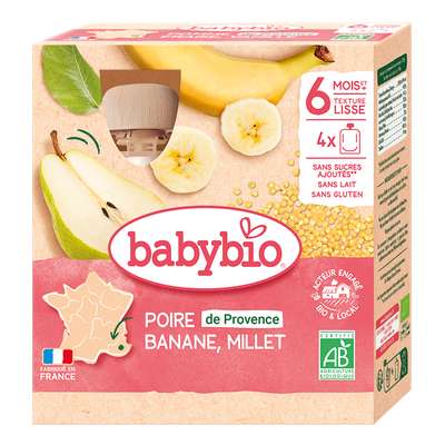 Gourde poire d'Occitanie, banane et millet BIO - dès 6 mois, Babybio (4 x 90 g)