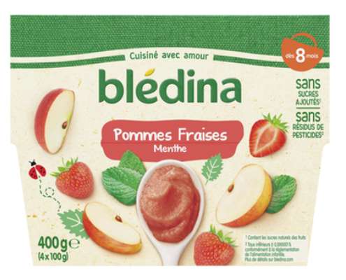 Purée de fruits pour bébé pommes fraises menthe dès 8 mois, Blédina (4 x 100 g)