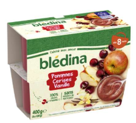Coupelles 100% fruits pommes, cerises, vanille - dès 8 mois, Blédina (4 x 100 g)