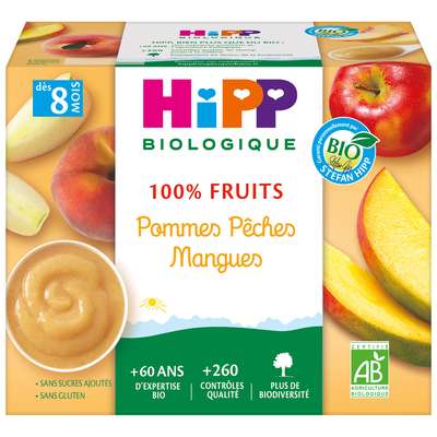 100% fruits pomme, pêche, mangue BIO - dès 8 mois, Hipp (4 x 100 g)