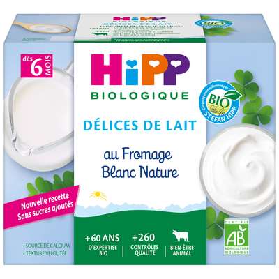 Délices de lait au fromage blanc nature sucré BIO - dès 6 mois, Hipp (4 x 100 g)