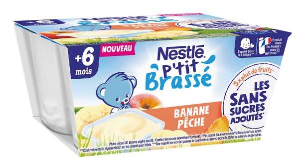 P'tit brassé banane/pêche dès 6 mois sans sucre ajouté, Nestlé (4 x 90 g)