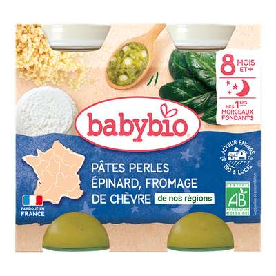 Petit pot menu bonne nuit pâtes perles épinards et fromage de chèvre BIO - dès 8 mois, Babybio (2 x 200 g)