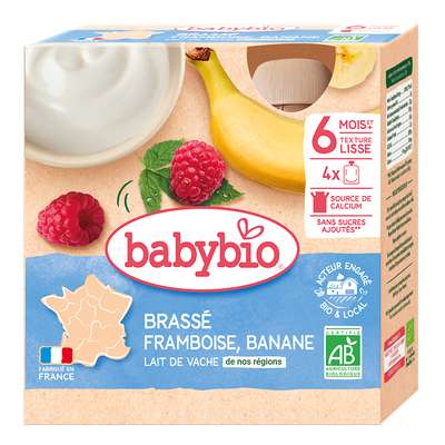 Gourde brassé de lait de vache framboise et banane BIO - dès 6 mois, Babybio (4 x 85 g)