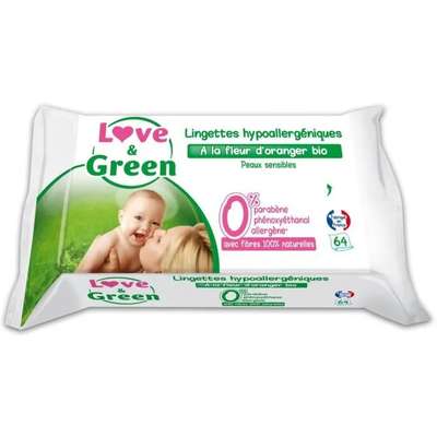 Lingettes hypoallergéniques fleurs d'oranger peaux sensibles, Love & Green (x 64)