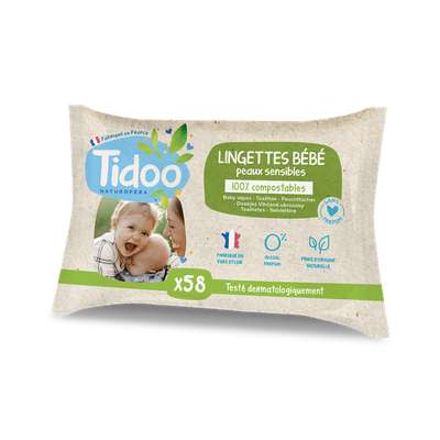 Lingettes bébé sans parfum au calendula fibres compostables BIO, Tidoo (x 58)