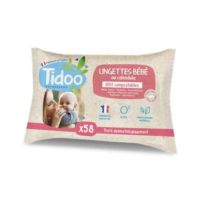 Lingettes bébé parfumées au calendula, fibres compostables BIO, Tidoo (x 58)