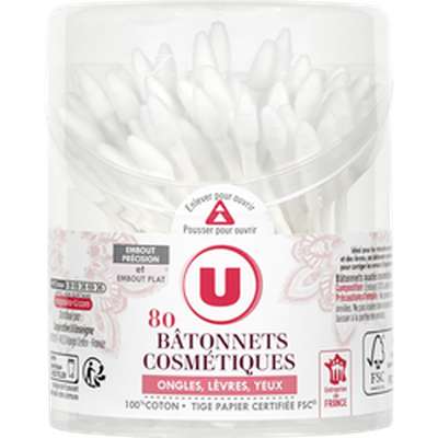 Bâtonnets ouatés cosmétiques sticks papier 100%, U (x 80)