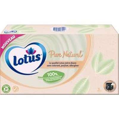 Boite de mouchoirs blancs Pure Natural 0% parfum 3 épaisseurs, Lotus (x 80)