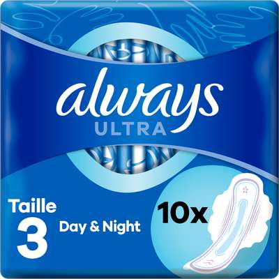 Serviettes hygiéniques ultra avec ailettes Day & Night taille 3, Always (x 10)