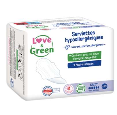 Serviettes nuit hypoallergéniques, Love & Green (x10)