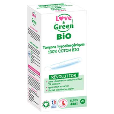Tampons hypoallergéniques avec applicateur "super" BIO, Love & Green (x 14)