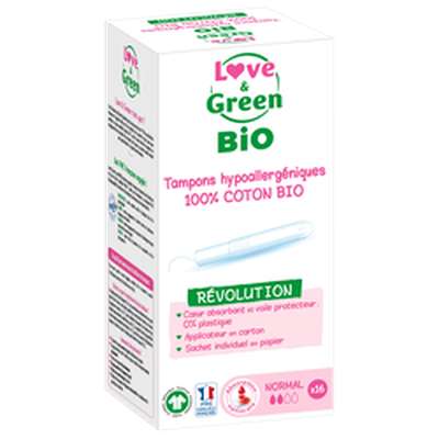 Tampons hypoallergéniques avec applicateur "normal"  BIO, Love & Green (x 16)